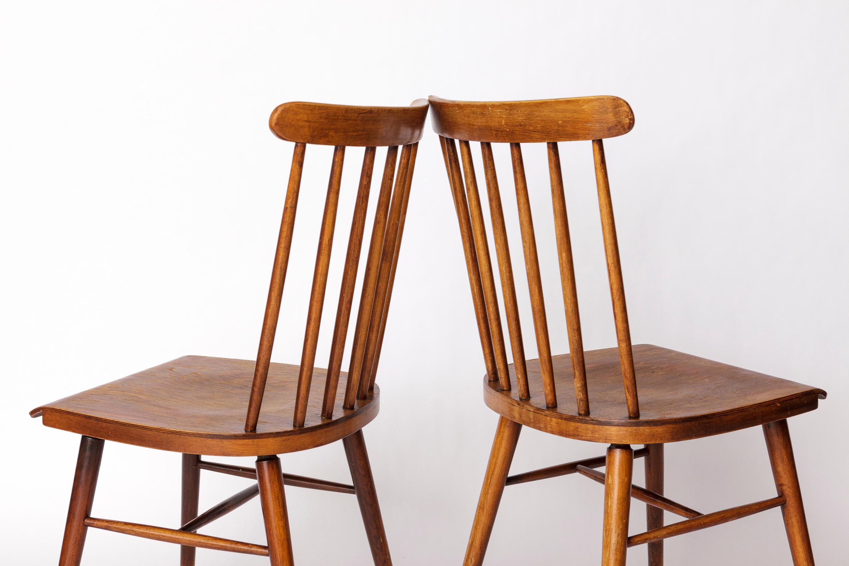 Pair of Vintage Spindle Back Chairs – 1970s Beech Wood, Restored Rustic Seating For Sale 2