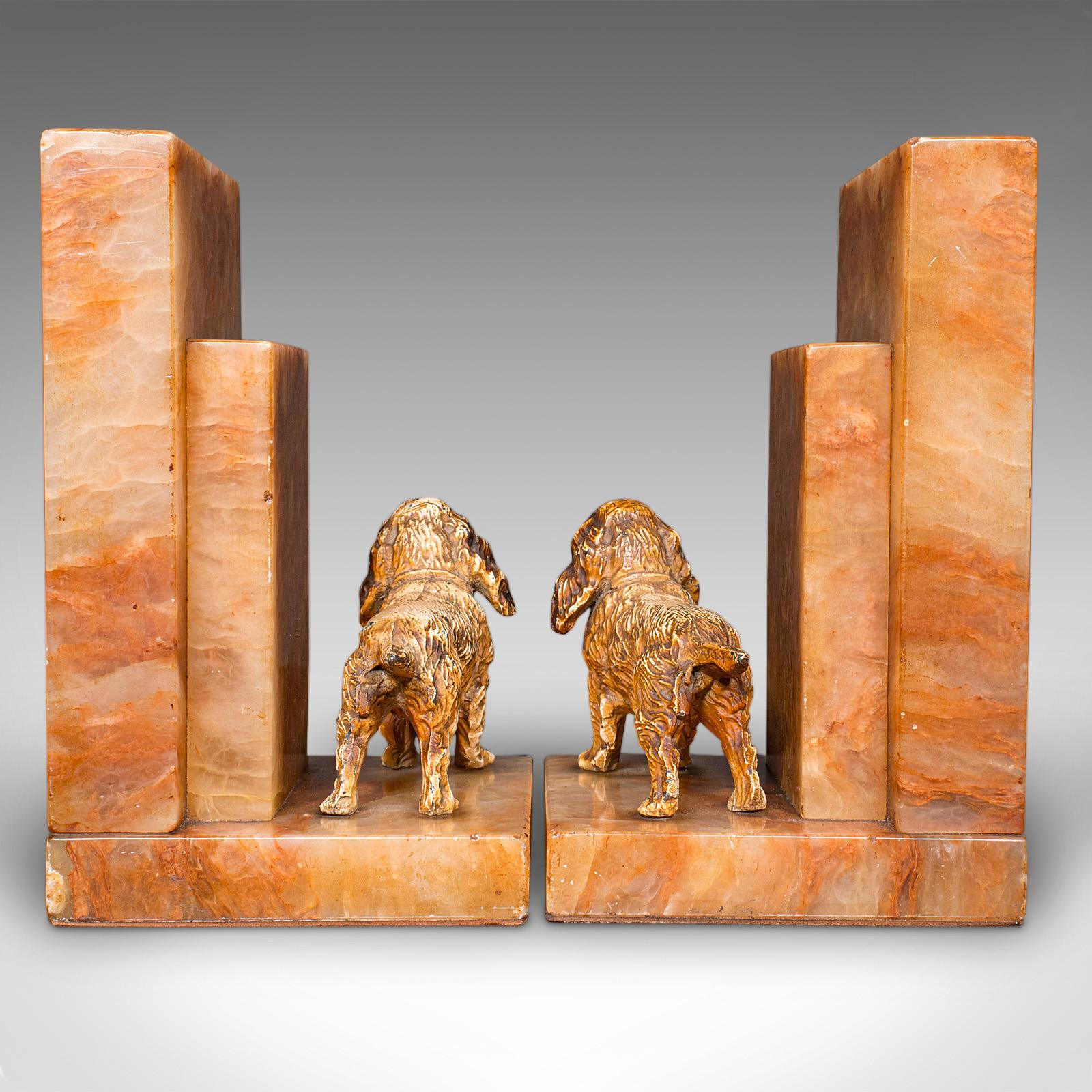 British Pair Of Vintage Springer Spaniel Bookends, English, Marble, Book Rest, Art Deco For Sale