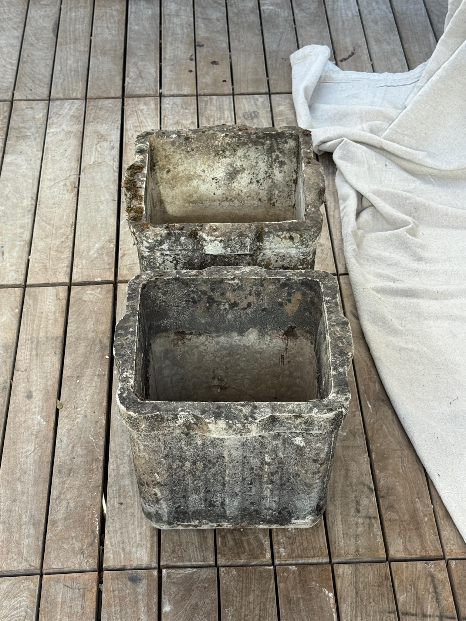 European Pair of Vintage Square Cast Stone Garden Planters with Aged Patina and Scalloped For Sale