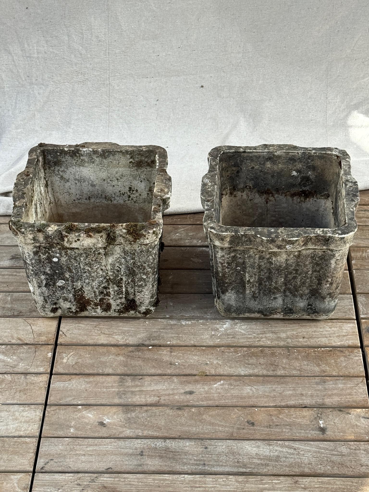 20th Century Pair of Vintage Square Cast Stone Garden Planters with Aged Patina and Scalloped For Sale