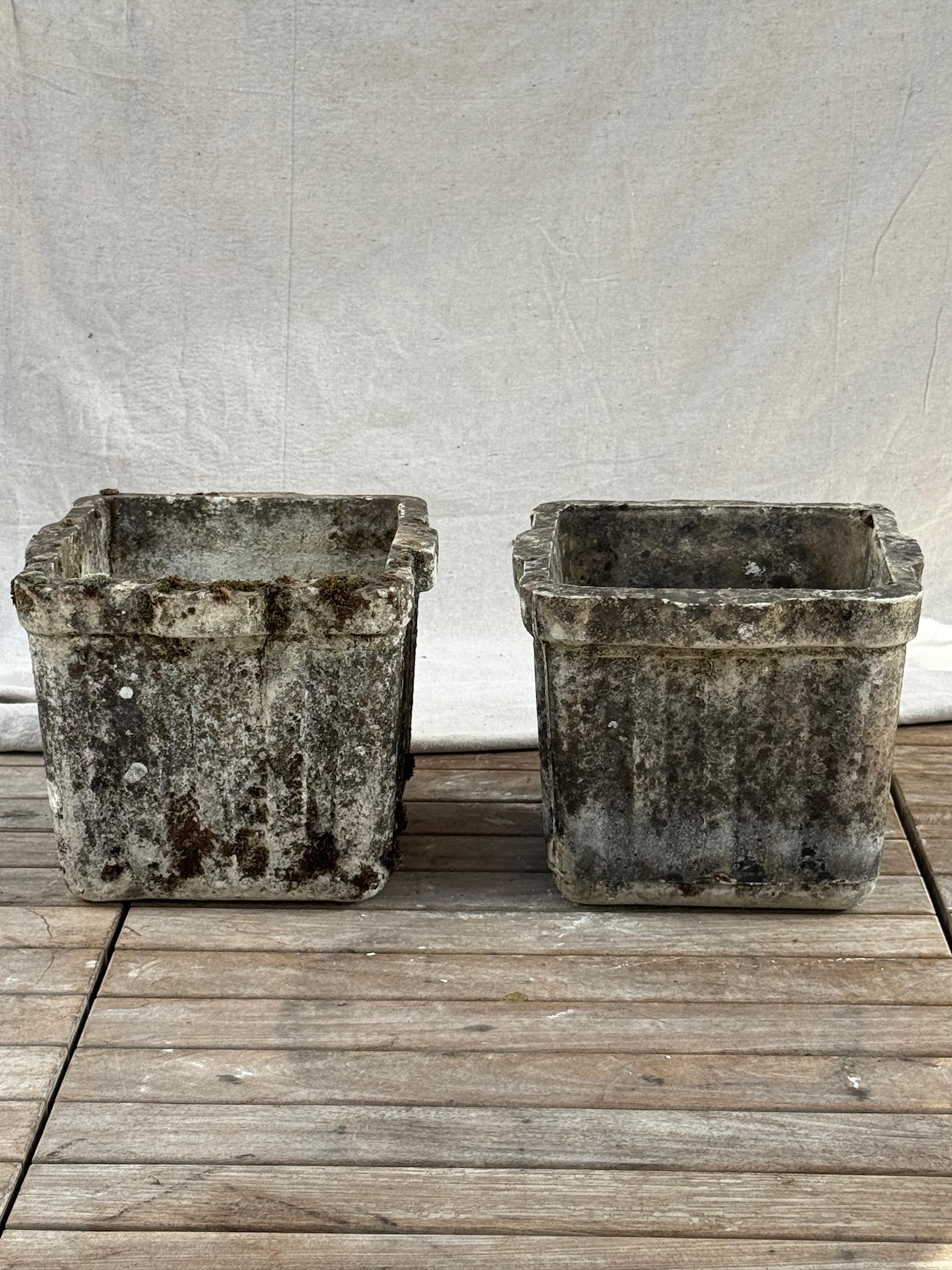 Pair of Vintage Square Cast Stone Garden Planters with Aged Patina and Scalloped For Sale 2