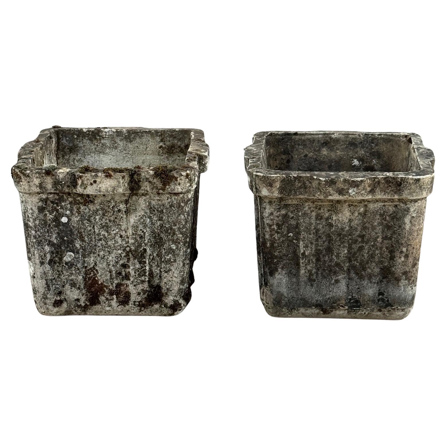 Pair of Vintage Square Cast Stone Garden Planters with Aged Patina and Scalloped For Sale