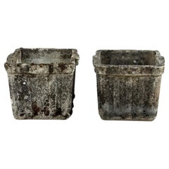 Pair of Vintage Square Cast Stone Garden Planters with Aged Patina and Scalloped