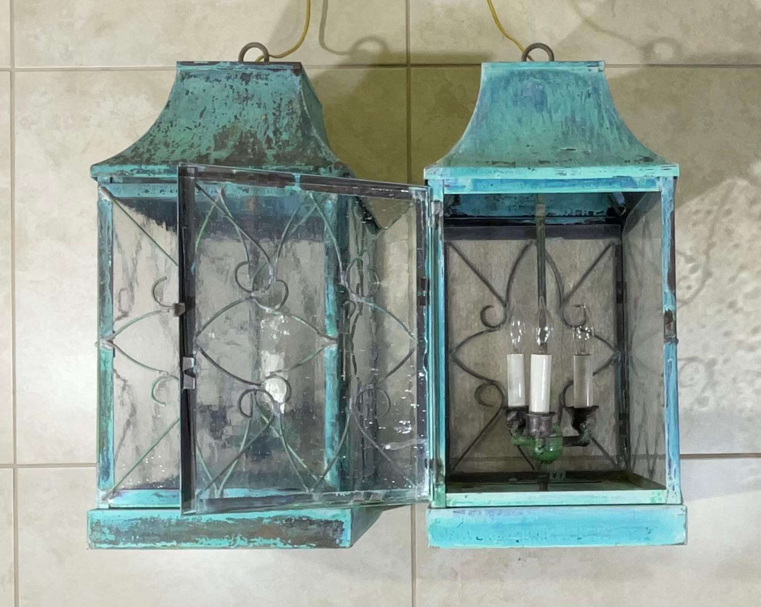 Pair Of Vintage Square Handcrafted Copper Hanging Lanterns For Sale 3