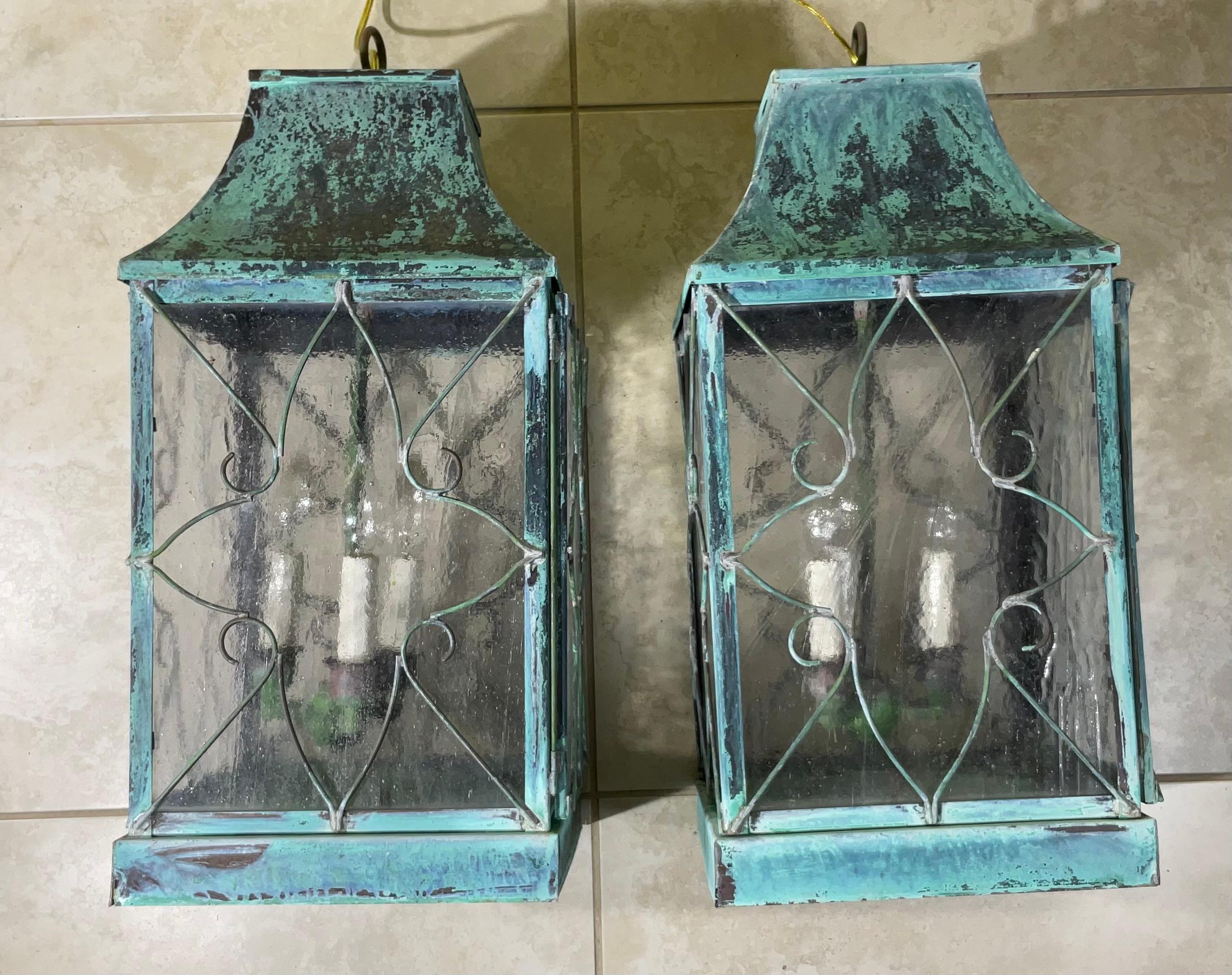 Pair Of Vintage Square Handcrafted Copper Hanging Lanterns For Sale 5