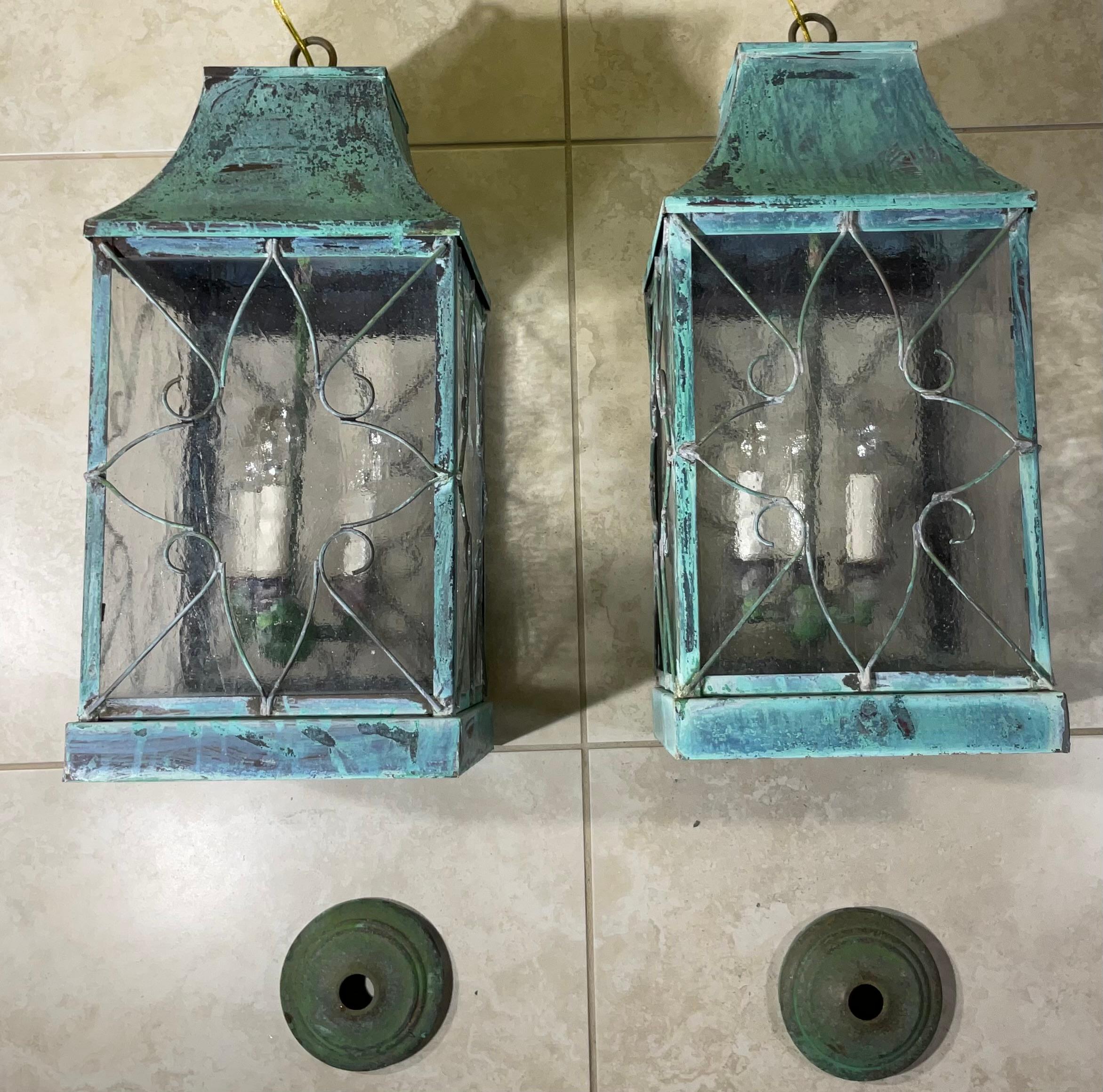 Pair Of Vintage Square Handcrafted Copper Hanging Lanterns For Sale 6