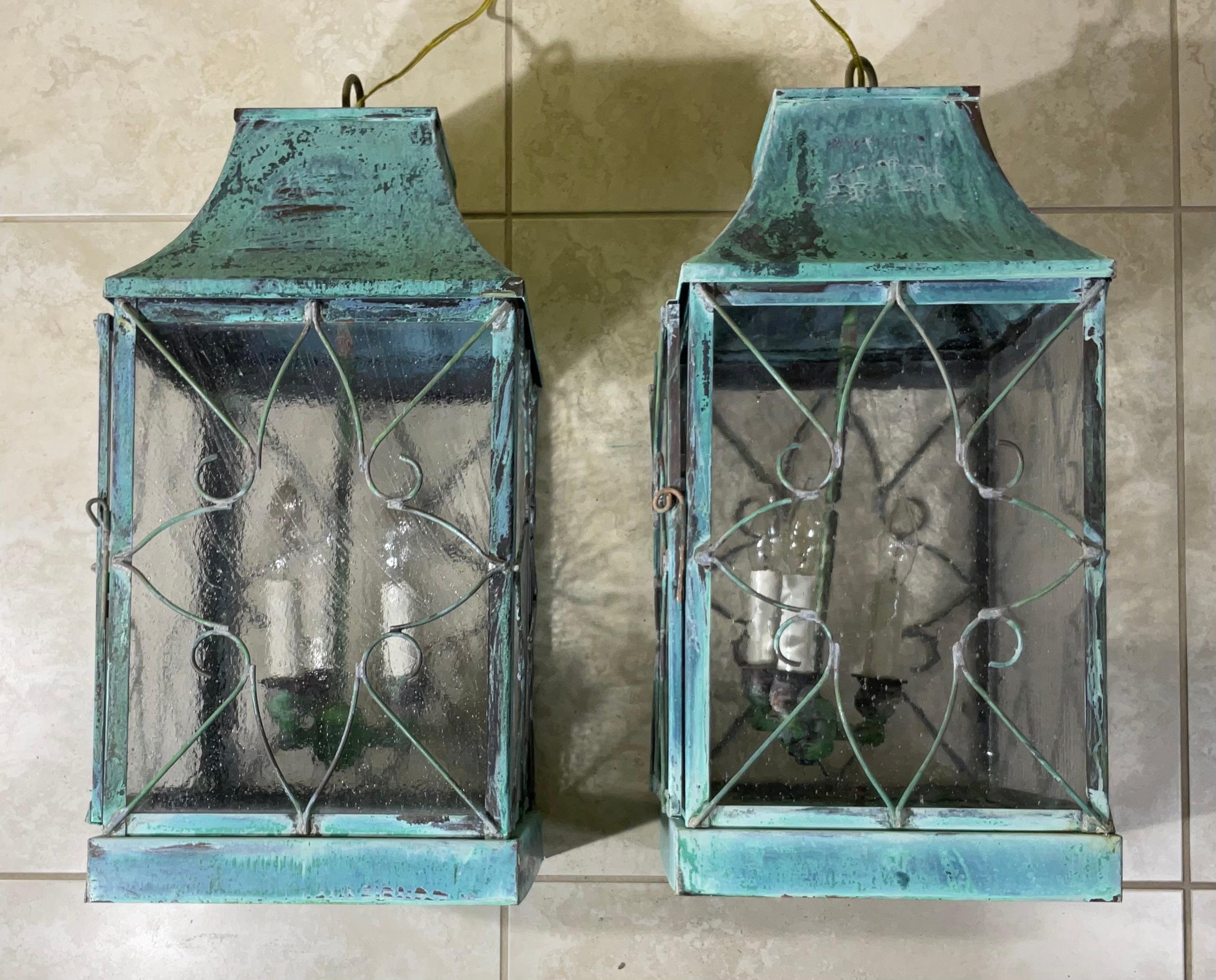 Pair Of Vintage Square Handcrafted Copper Hanging Lanterns For Sale 7