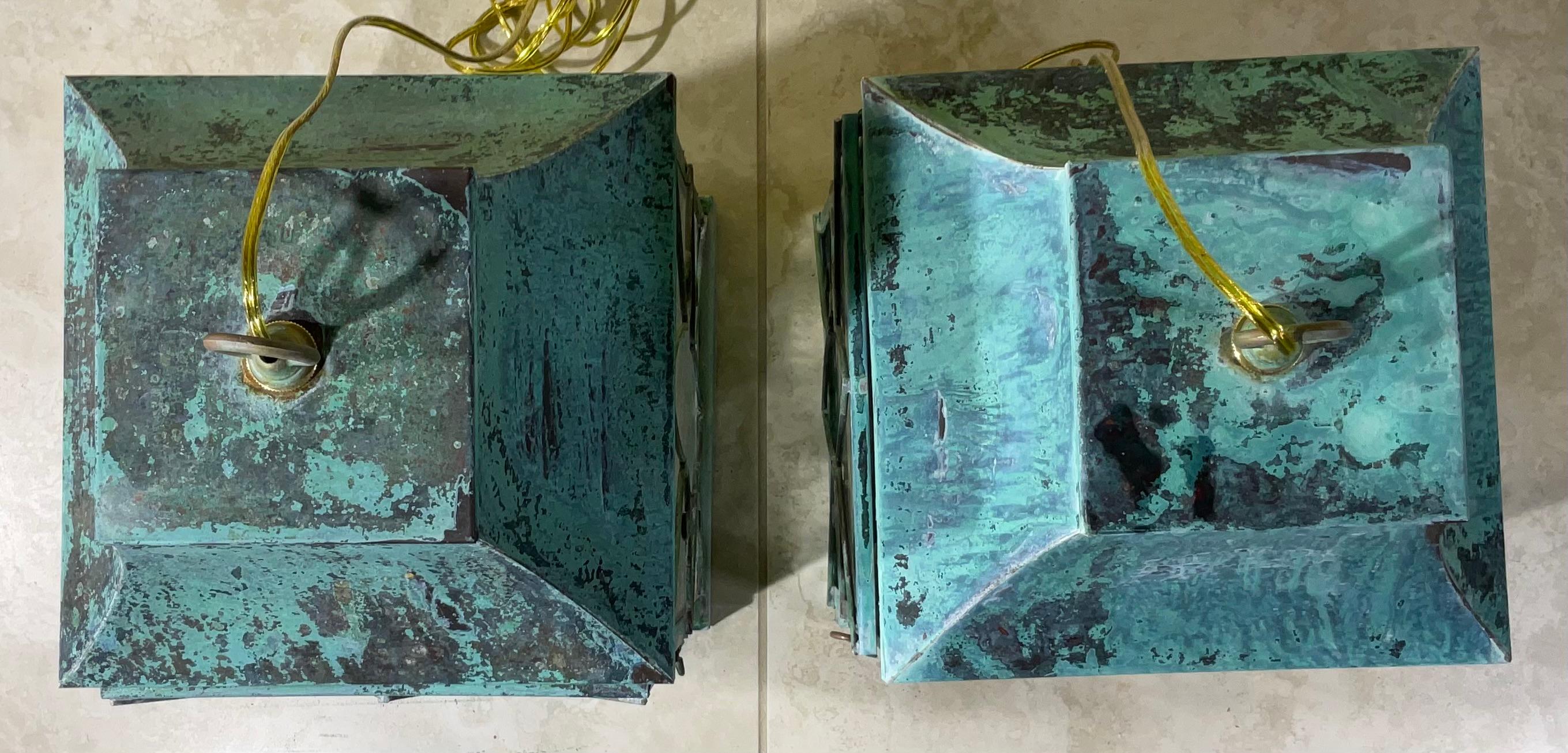 Pair Of Vintage Square Handcrafted Copper Hanging Lanterns For Sale 8