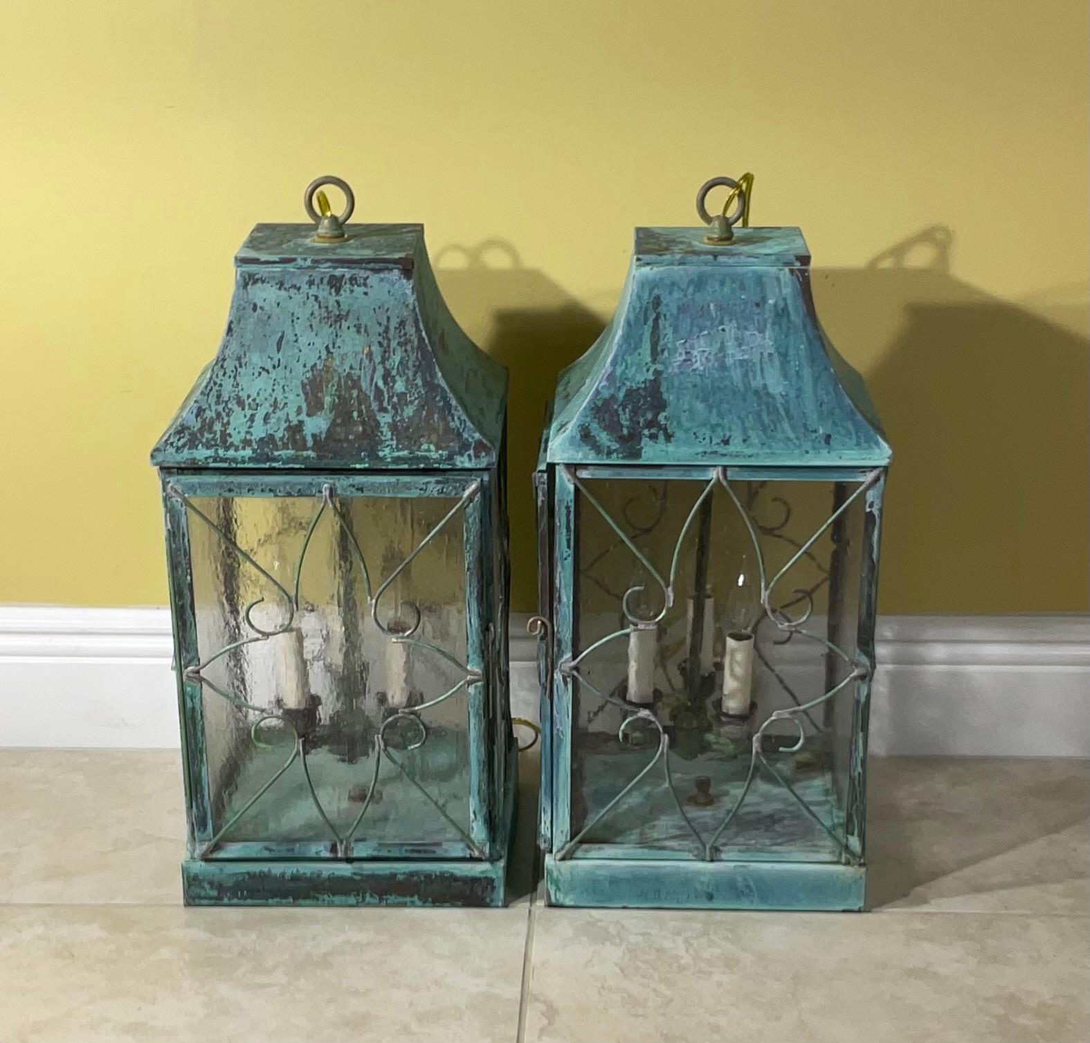 Pair Of Vintage Square Handcrafted Copper Hanging Lanterns For Sale 9