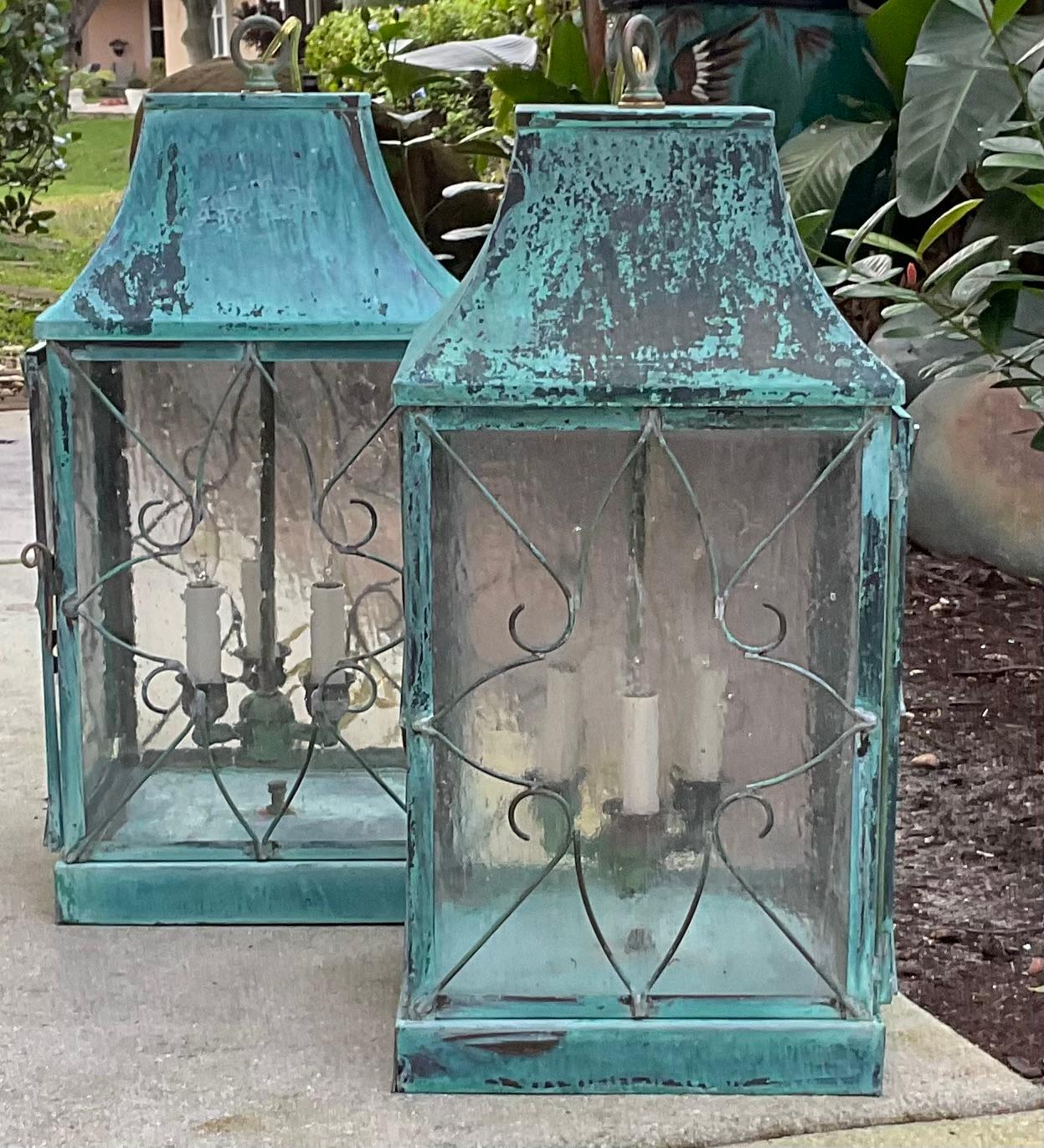 Pair Of Vintage Square Handcrafted Copper Hanging Lanterns For Sale 10