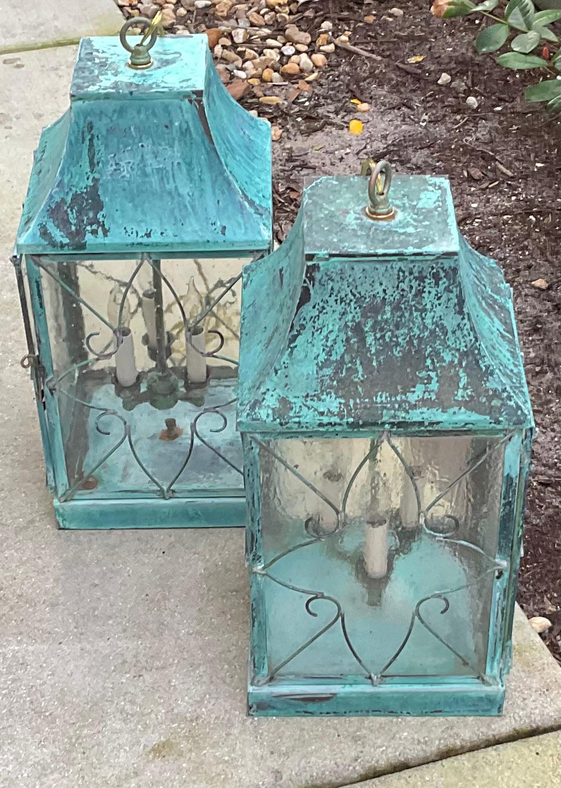 Pair Of Vintage Square Handcrafted Copper Hanging Lanterns For Sale 11