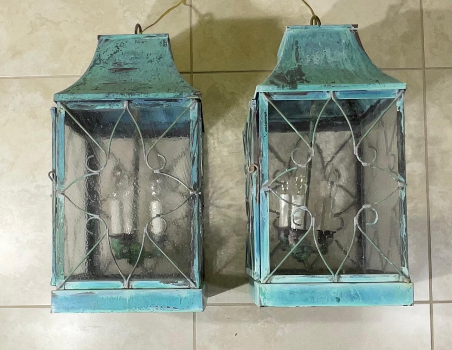 Pair Of Vintage Square Handcrafted Copper Hanging Lanterns For Sale 12
