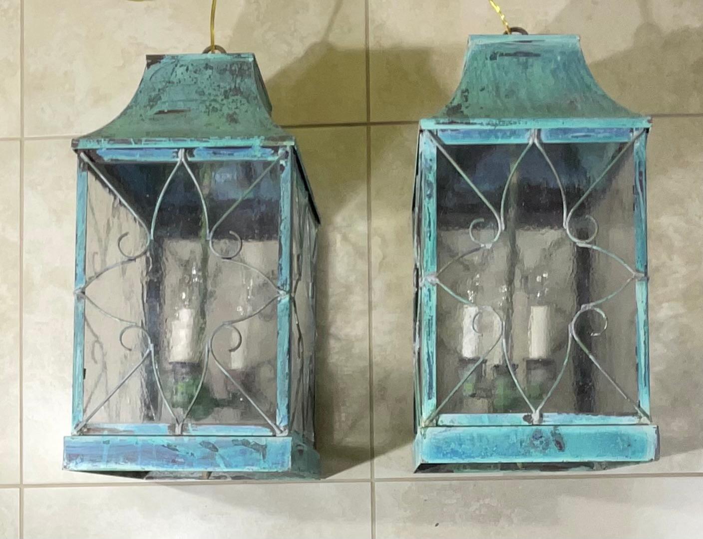 Pair Of Vintage Square Handcrafted Copper Hanging Lanterns For Sale 13