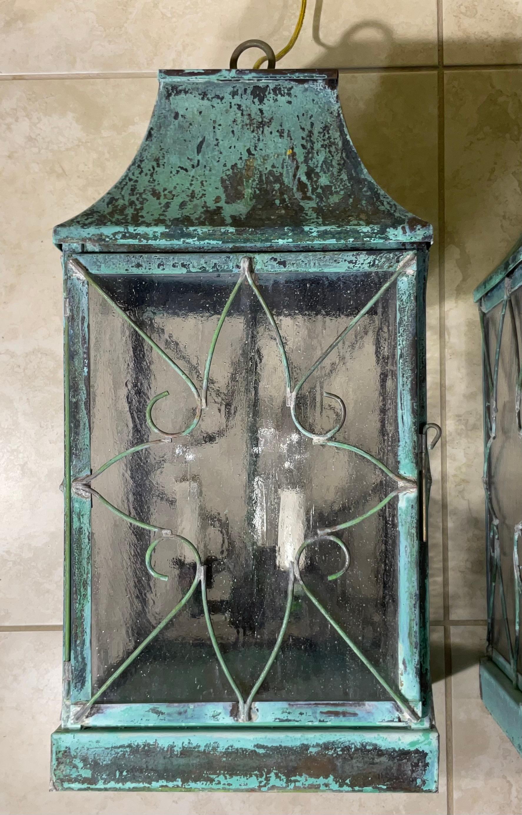 Brass Pair Of Vintage Square Handcrafted Copper Hanging Lanterns For Sale