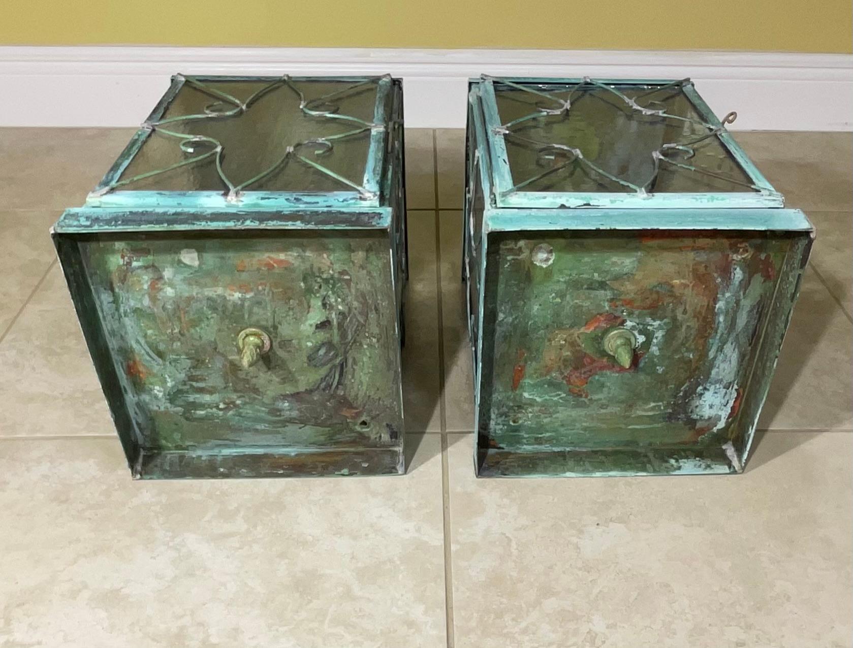 Pair Of Vintage Square Handcrafted Copper Hanging Lanterns For Sale 1