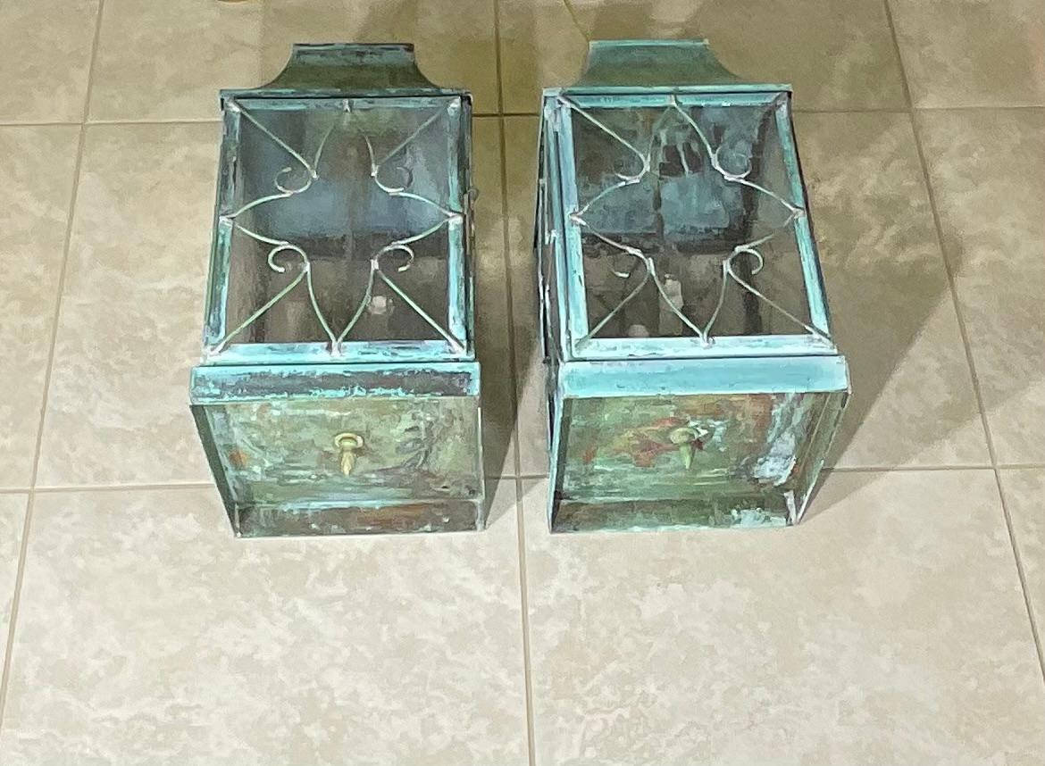 Pair Of Vintage Square Handcrafted Copper Hanging Lanterns For Sale 2