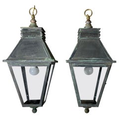 Pair Of Vintage Square Handcrafted Copper Hanging Lanterns