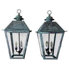 Pair Of Vintage Square Handcrafted Copper Hanging Lanterns