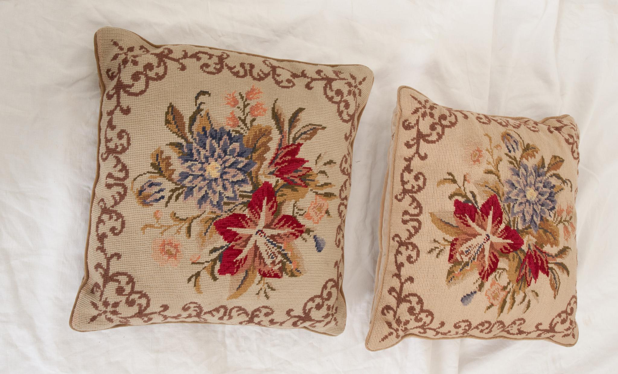 English Pair of Vintage Square Needlepoint Pillows For Sale