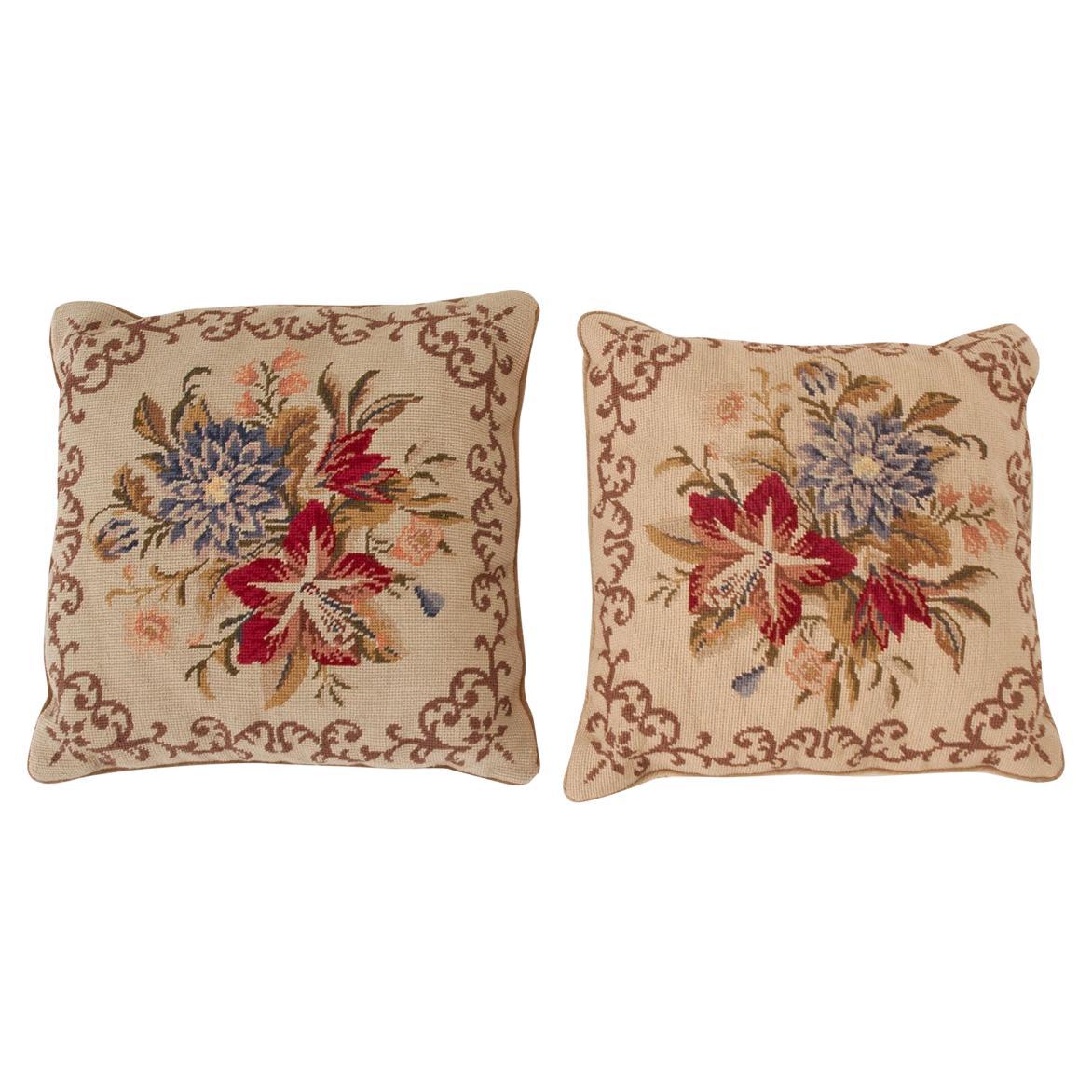 Pair of Vintage Square Needlepoint Pillows For Sale