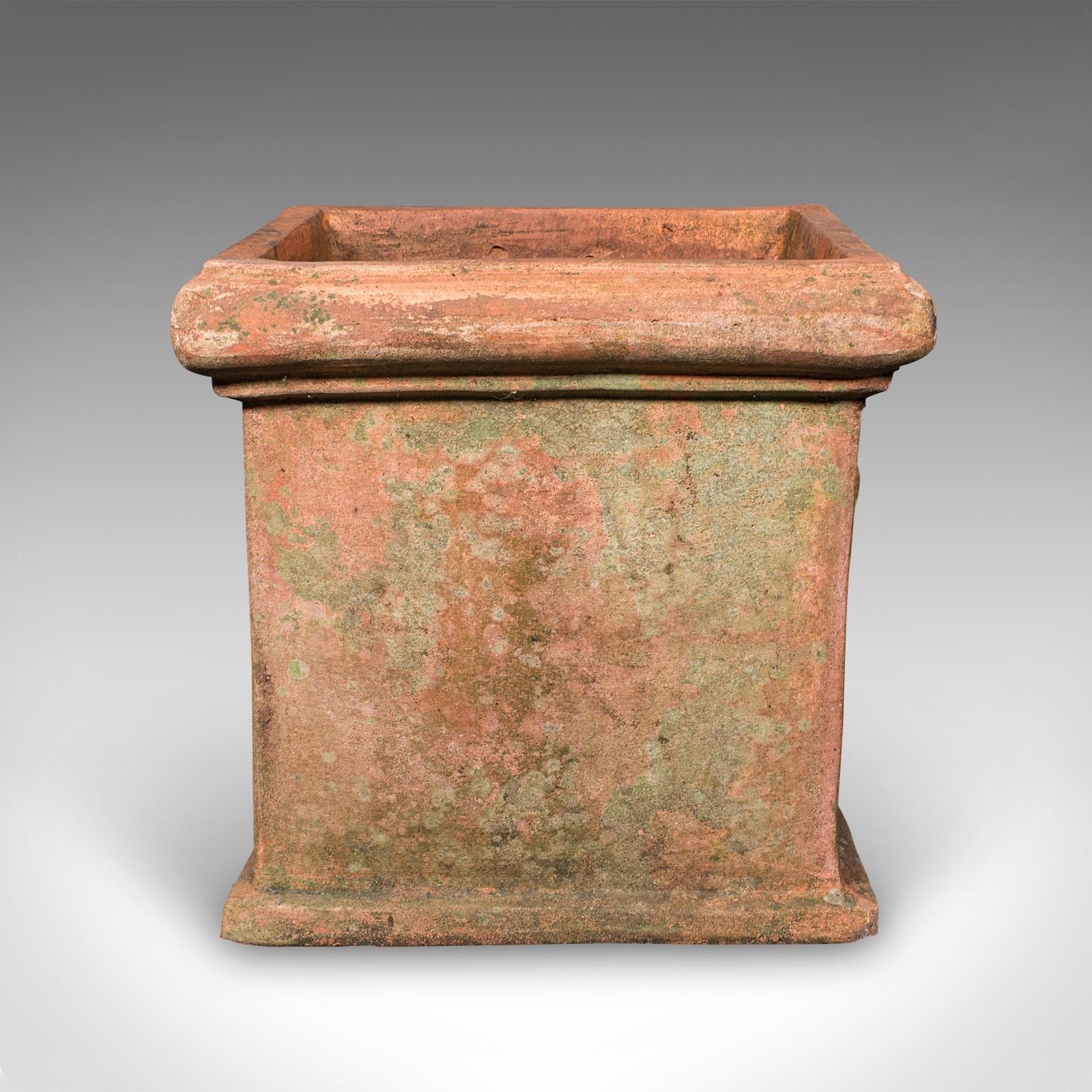 Classical Roman Pair of Vintage Square Planters, English, Terracotta, Patio Topiary Jardinieres For Sale