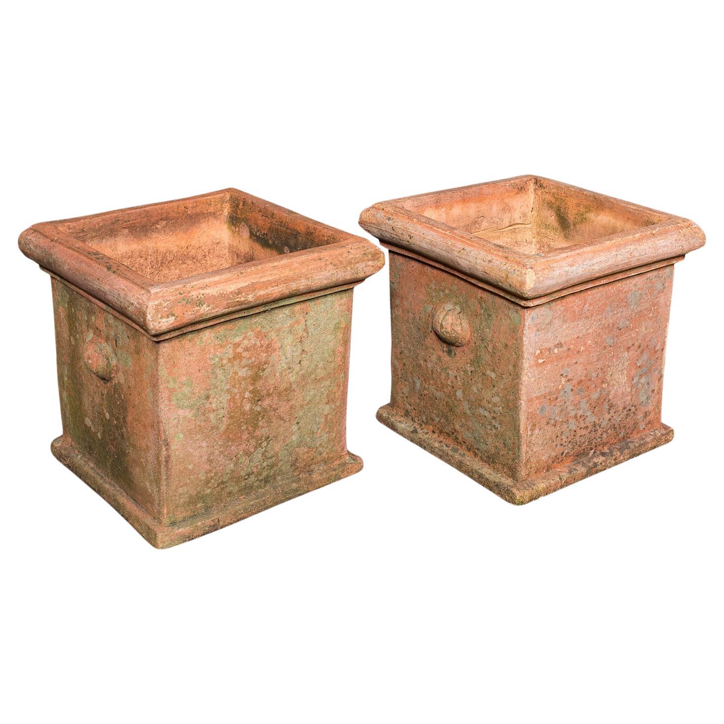 Pair of Vintage Square Planters, English, Terracotta, Patio Topiary Jardinieres For Sale
