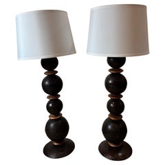 Pair of Vintage Stacked-Sphere Metal Table Lamps with White Drum Shades