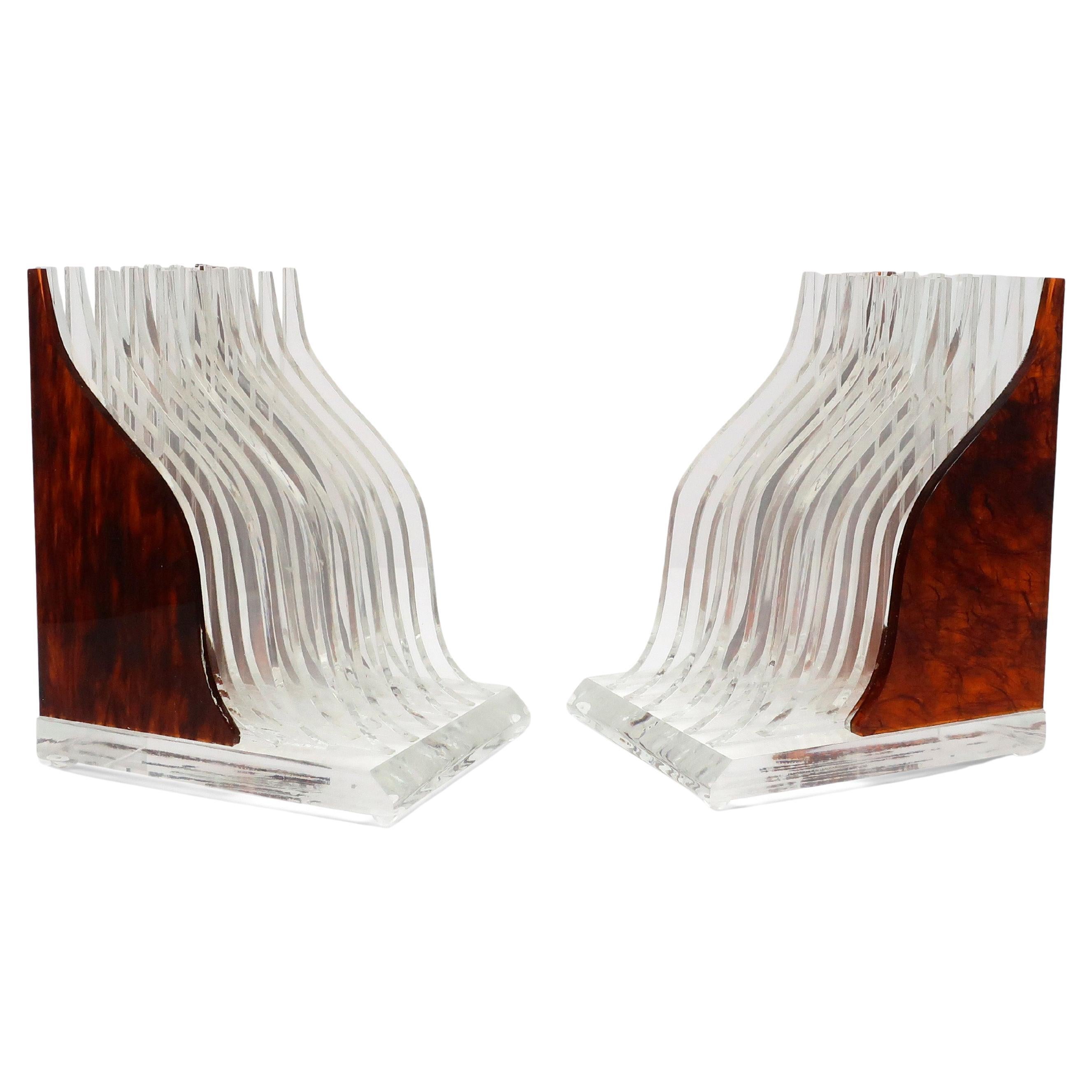Pair of Vintage Stacked Tortoiseshell Lucite Bookends