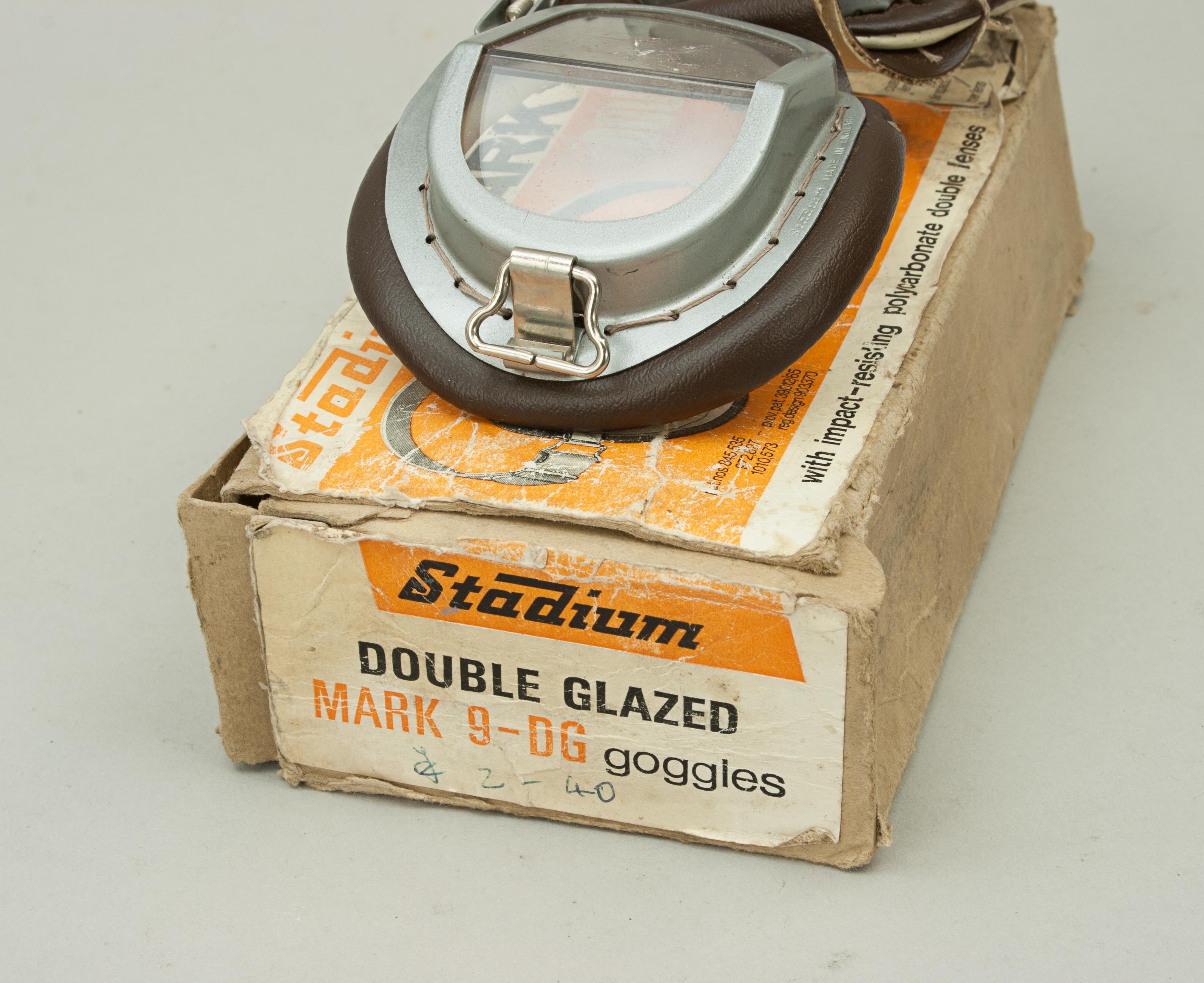 Leather Pair of Vintage Stadium Motoring Goggles in Original Box