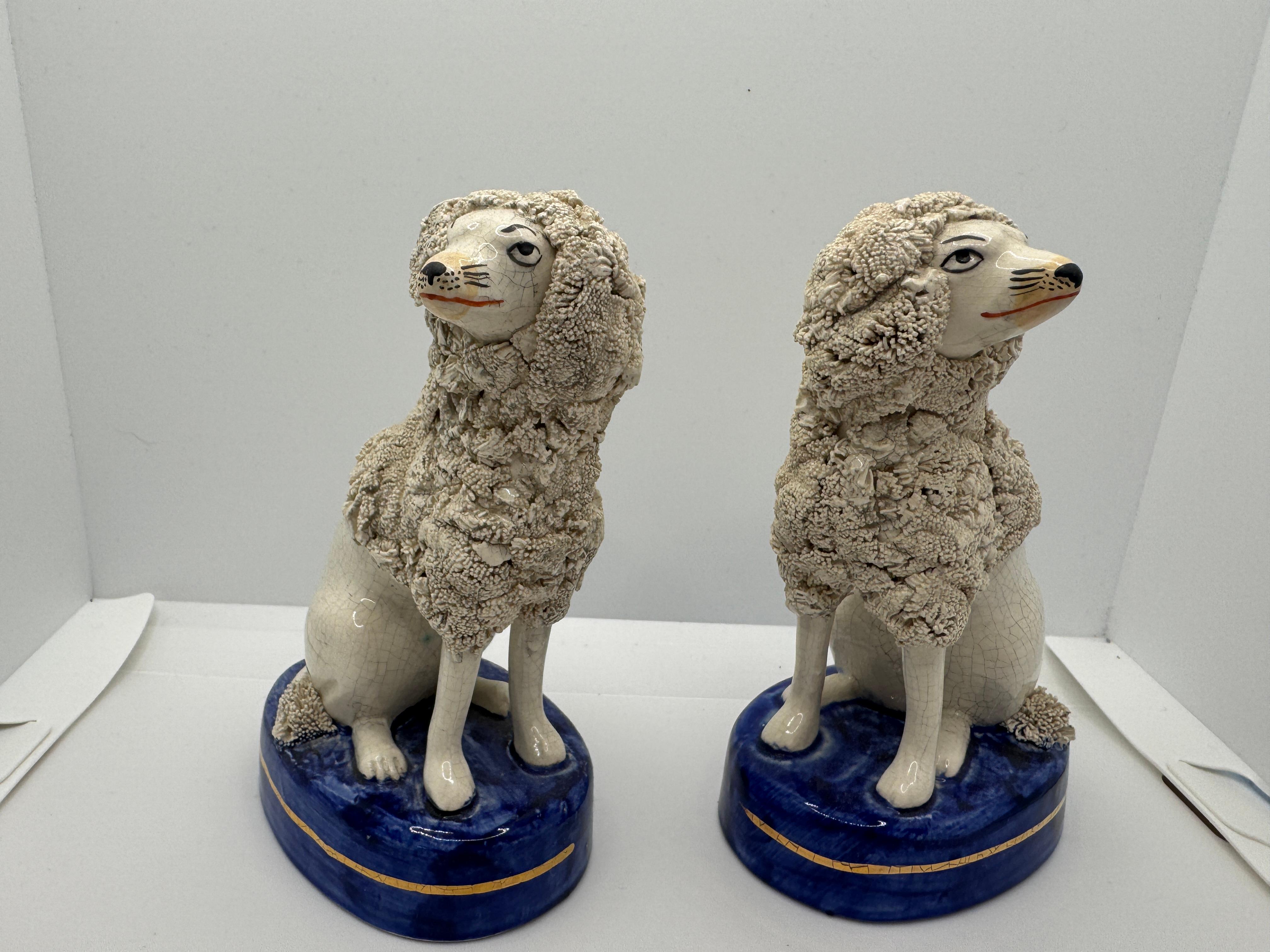 Coppia di barboncini Staffordshire d'epoca, circa anni '60,  basati su originali dell'epoca vittoriana, con finitura parzialmente smaltata, le basi sono di un blu intenso con un bordo dorato su un lato e i corpi presentano una finitura strutturata