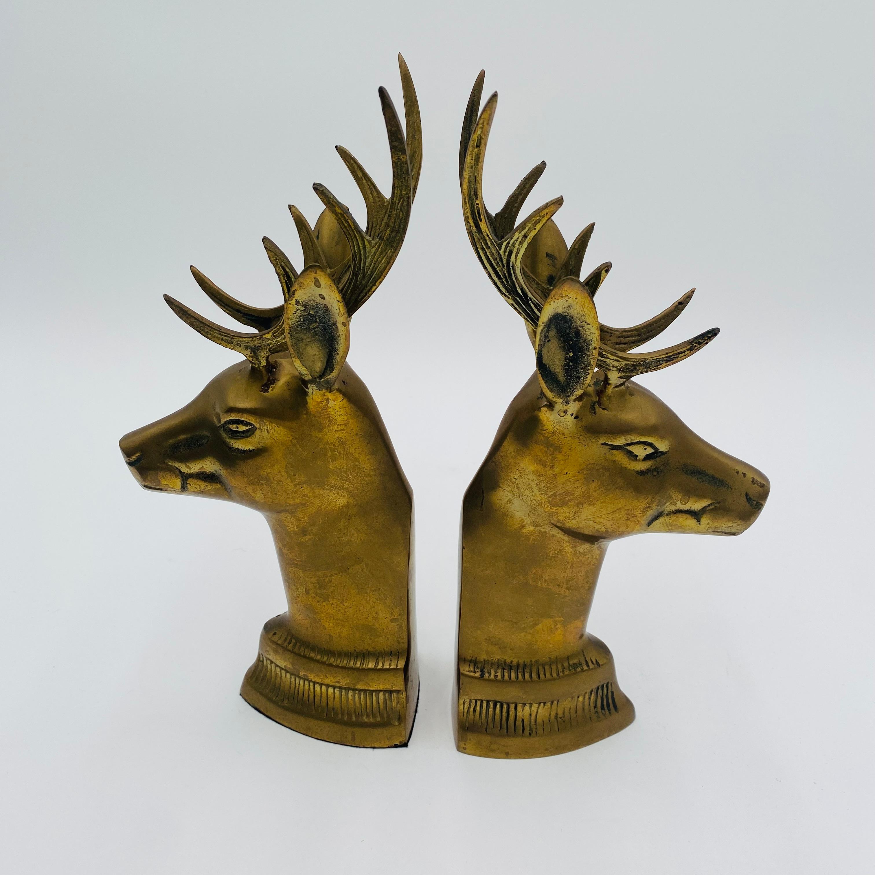 Unknown Pair of Vintage Stag Head Brass Bookends For Sale