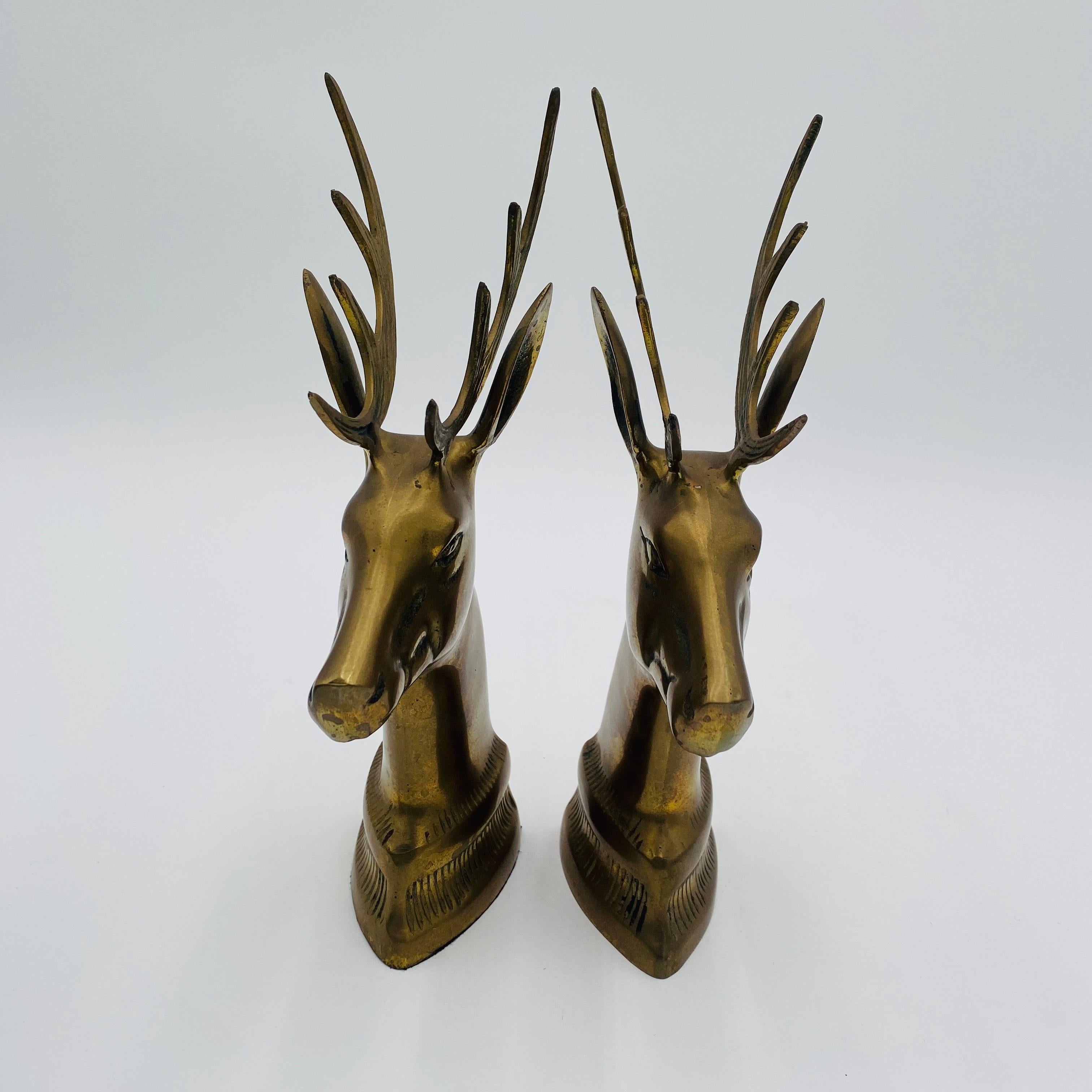 Pair of Vintage Stag Head Brass Bookends In Good Condition For Sale In San Juan Capistrano, CA