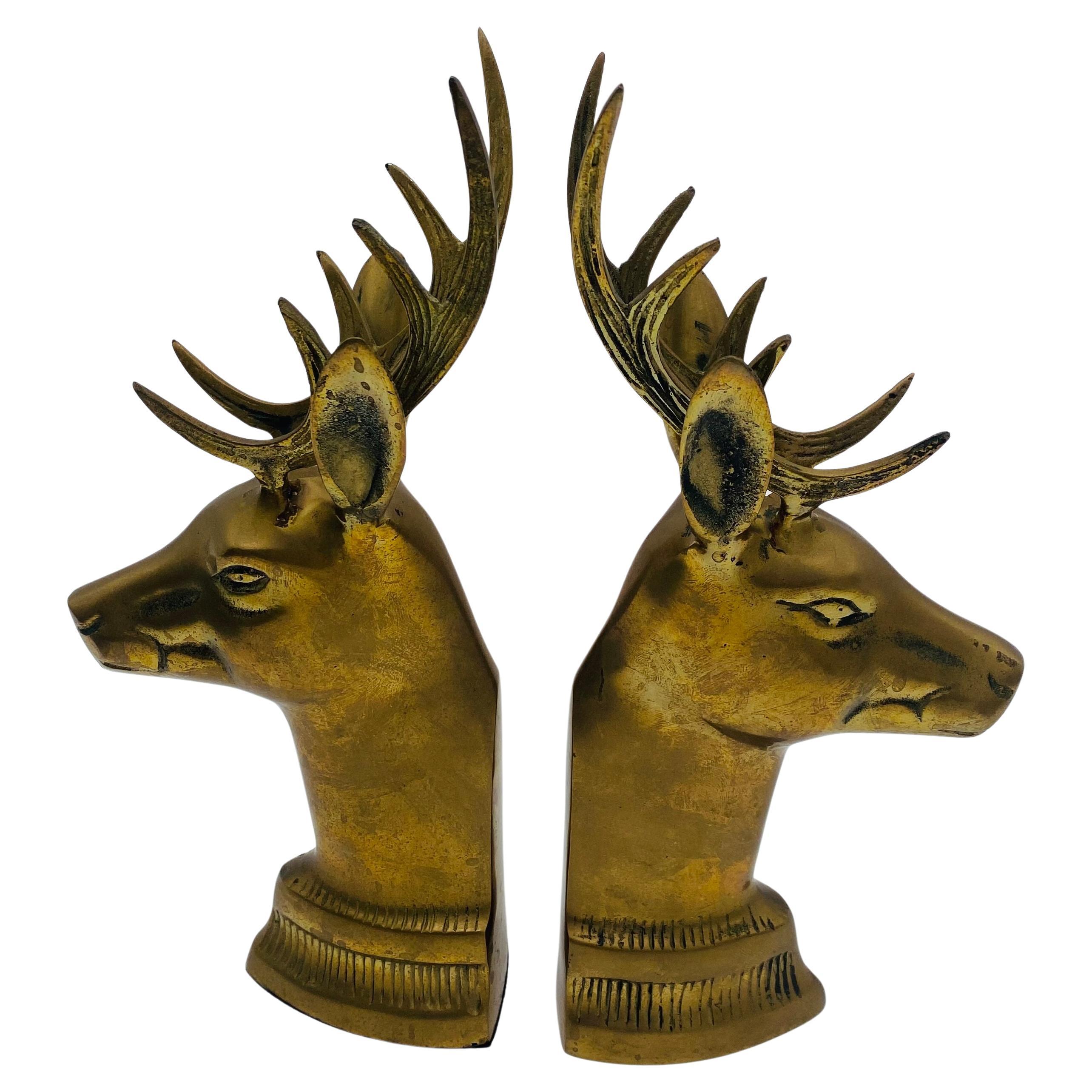 Pair of Vintage Stag Head Brass Bookends