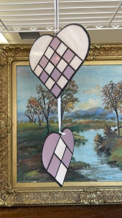 Pair of Vintage Stained Glass Heart Sun Catchers in Lavender and White