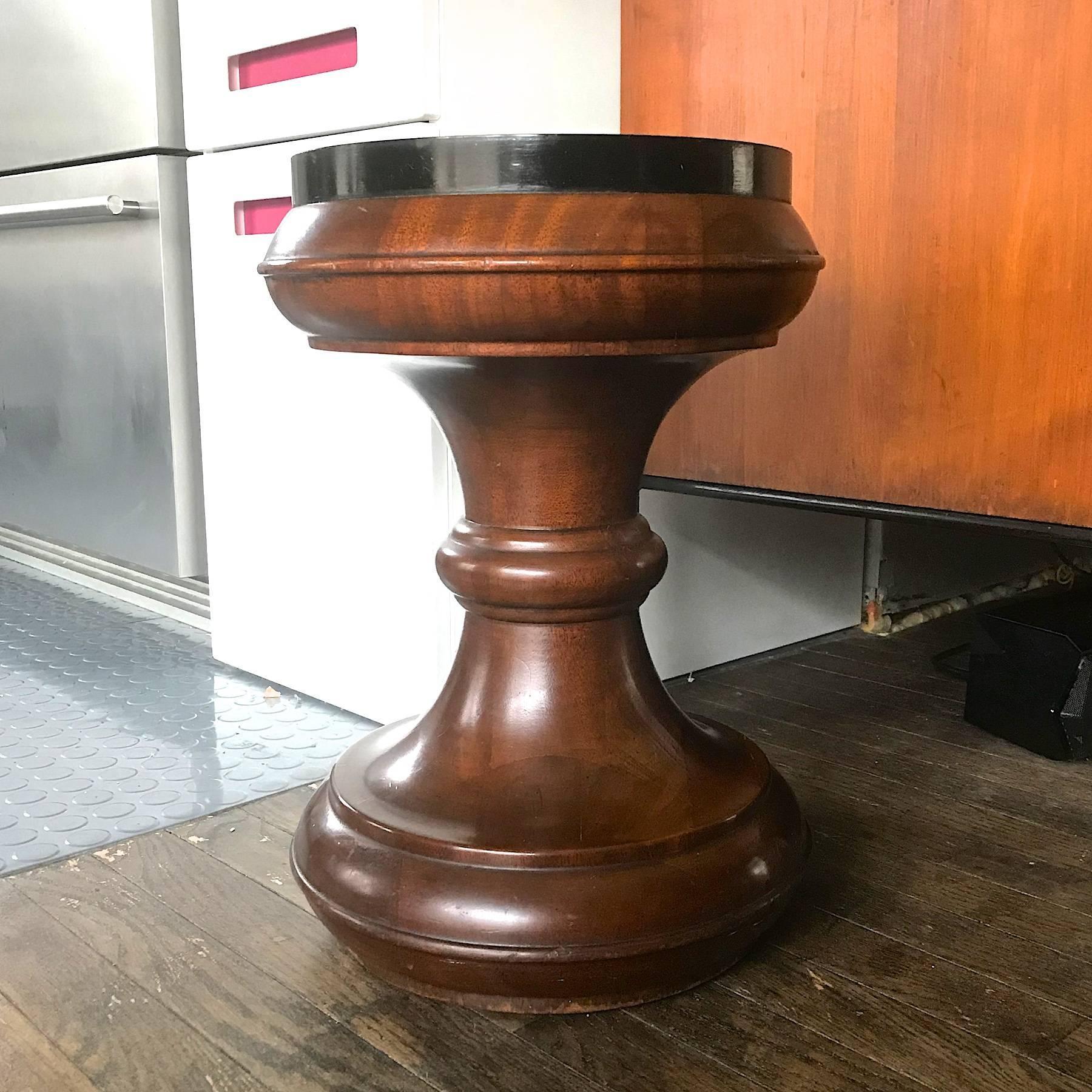 Turned Pair of Vintage Staved Mahogany Chess Piece Table Stool Bohemian Plant Stand For Sale