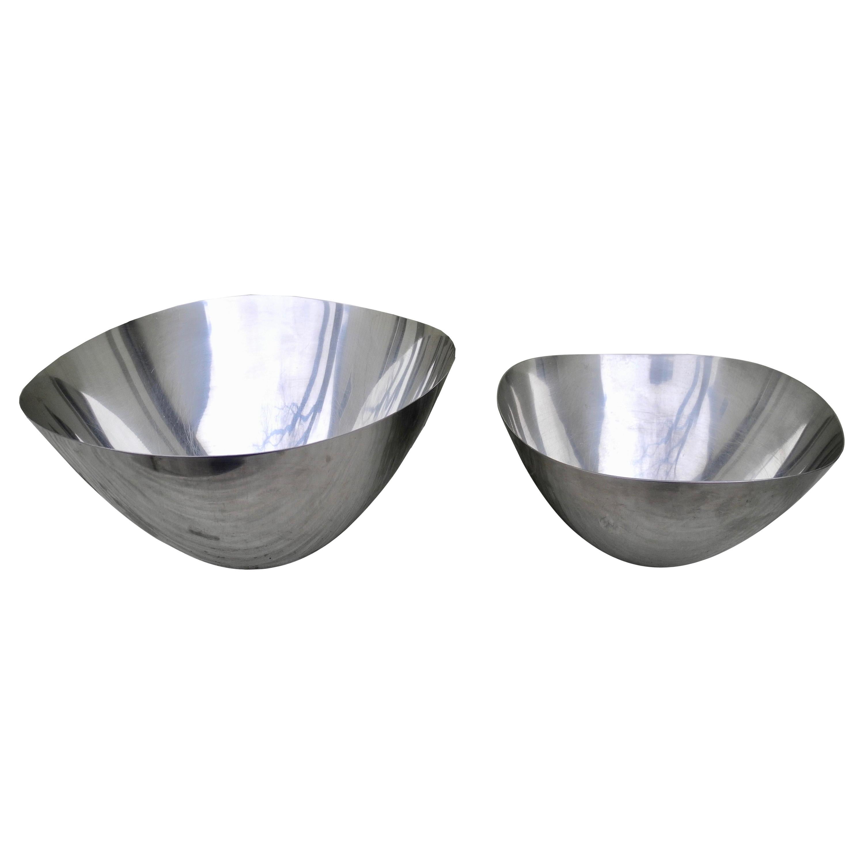 Pair of Vintage Stelton Stainless Steel Modern Design Sculptural Bowls, Denmark For Sale