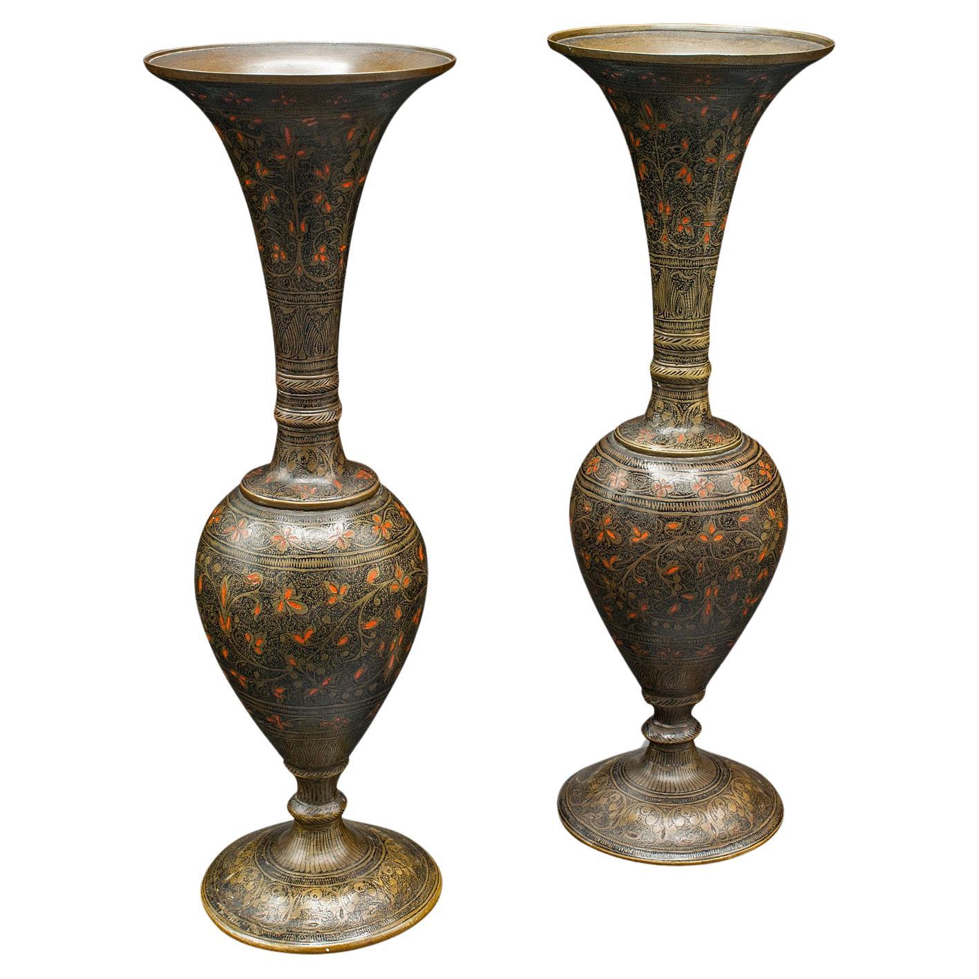 Pair Of Vintage Stem Vases, Indian, Brass, Enamel, Flower Sleeve, Art Deco, 1940 For Sale