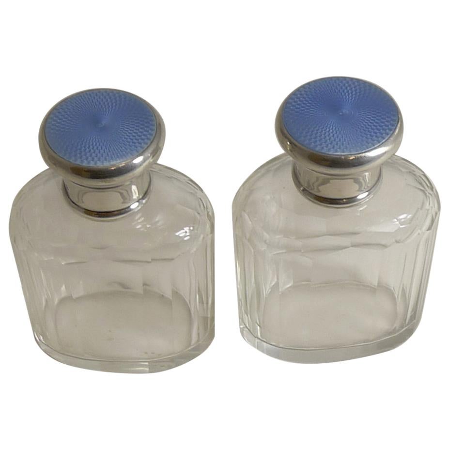 Pair of Vintage Sterling Silver and Guilloche Enamel Cologne / Scent Bottles