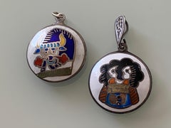 Pair of Vintage Sterling Silver Reversible Zodiac & Enamel Pendants