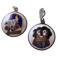 Pair of Vintage Sterling Silver Reversible Zodiac & Enamel Pendants