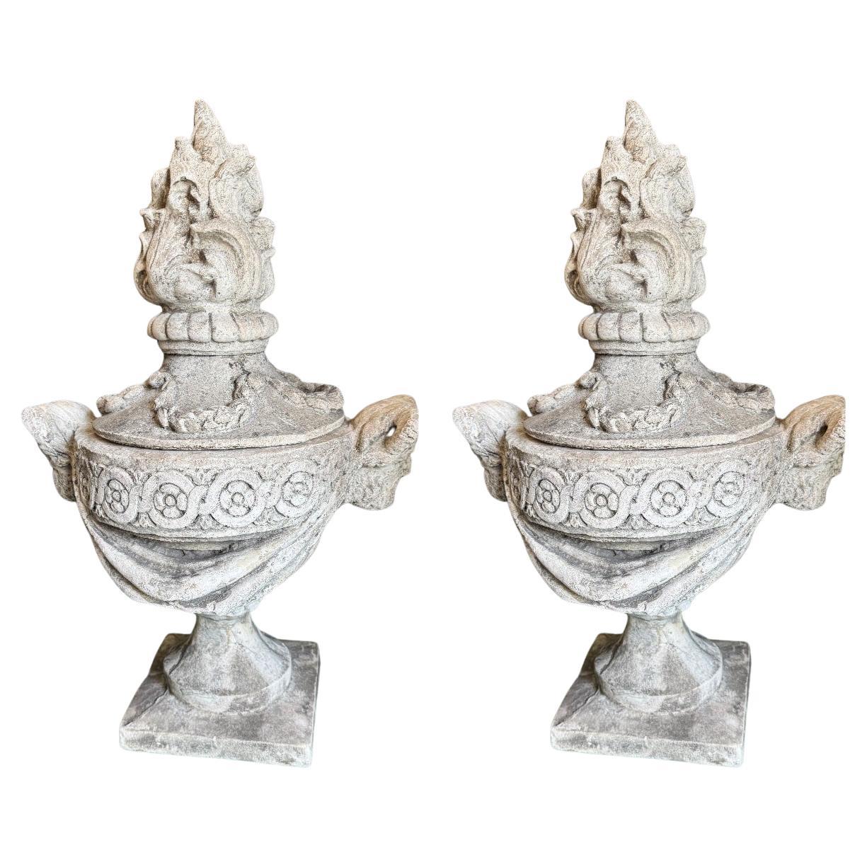 Pair of Vintage Stone Cast Garden Flame Urns