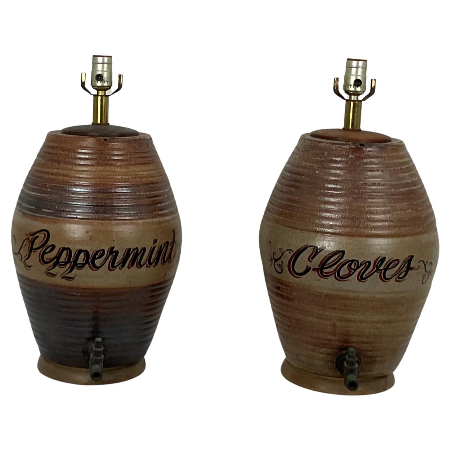 Pair of Vintage Stoneware Whiskey Barrel Table Lamps "Peppermint & Cloves" For Sale
