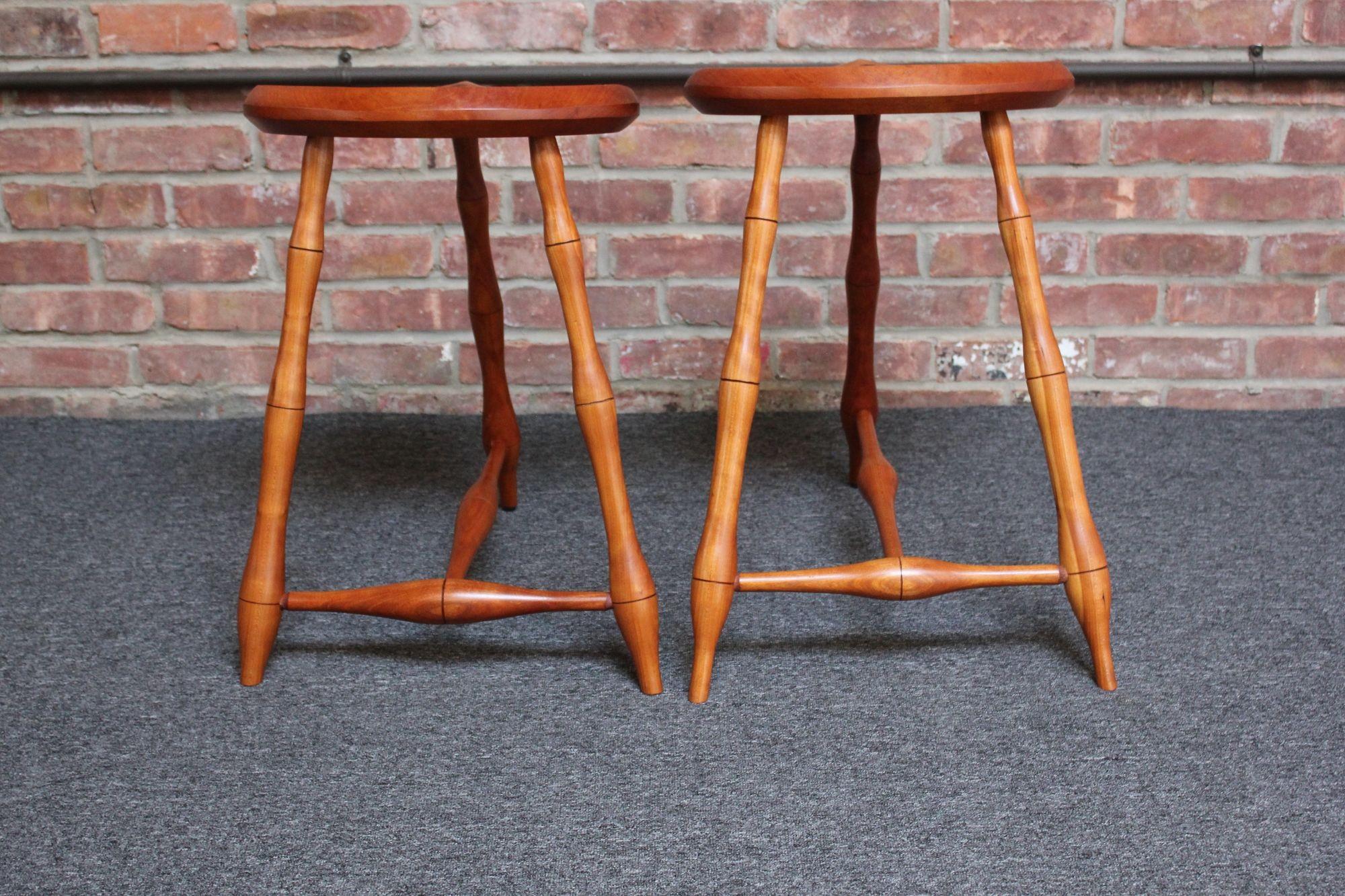 Pair of Vintage Studio Craft Windsor-Style Three Legged Low Stools in Cherrywood For Sale 13