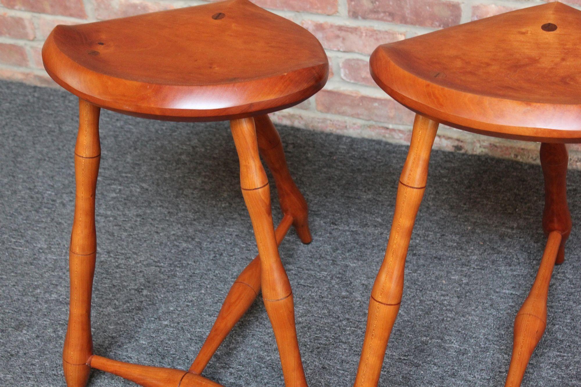 Pair of Vintage Studio Craft Windsor-Style Three Legged Low Stools in Cherrywood For Sale 6