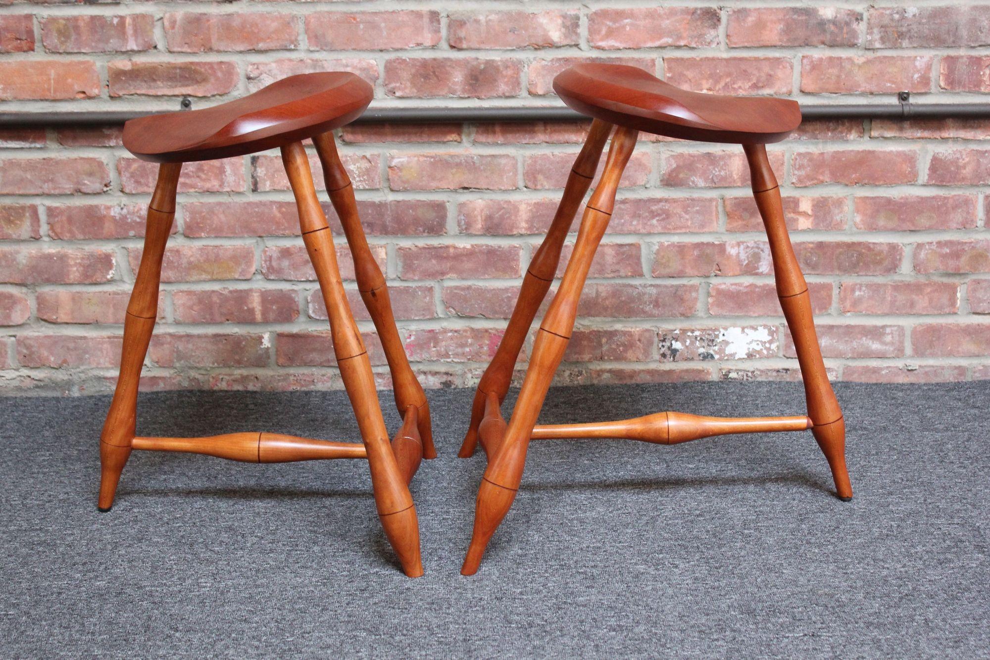 Pair of Vintage Studio Craft Windsor-Style Three Legged Low Stools in Cherrywood For Sale 11