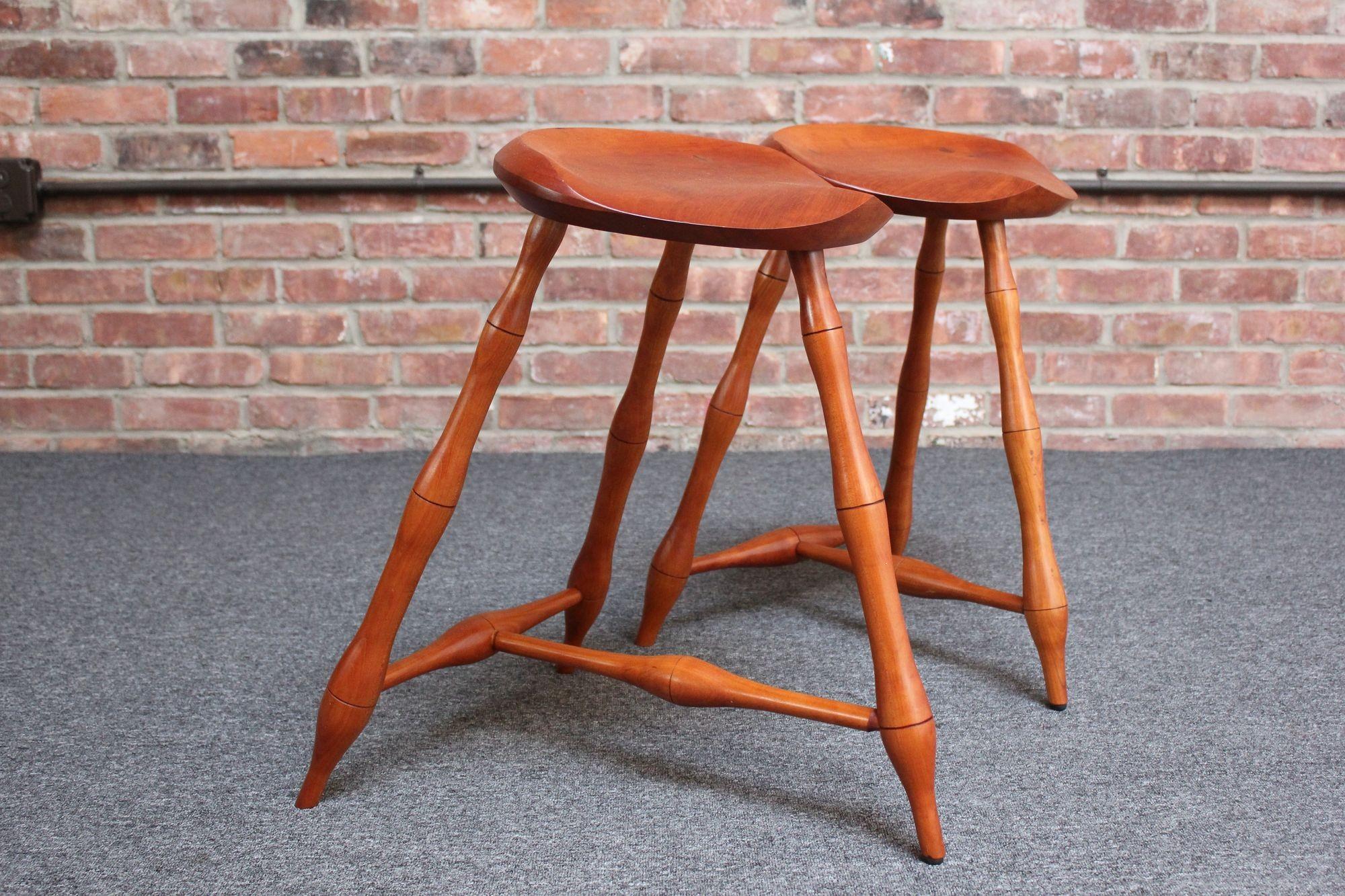 Pair of Vintage Studio Craft Windsor-Style Three Legged Low Stools in Cherrywood For Sale 9
