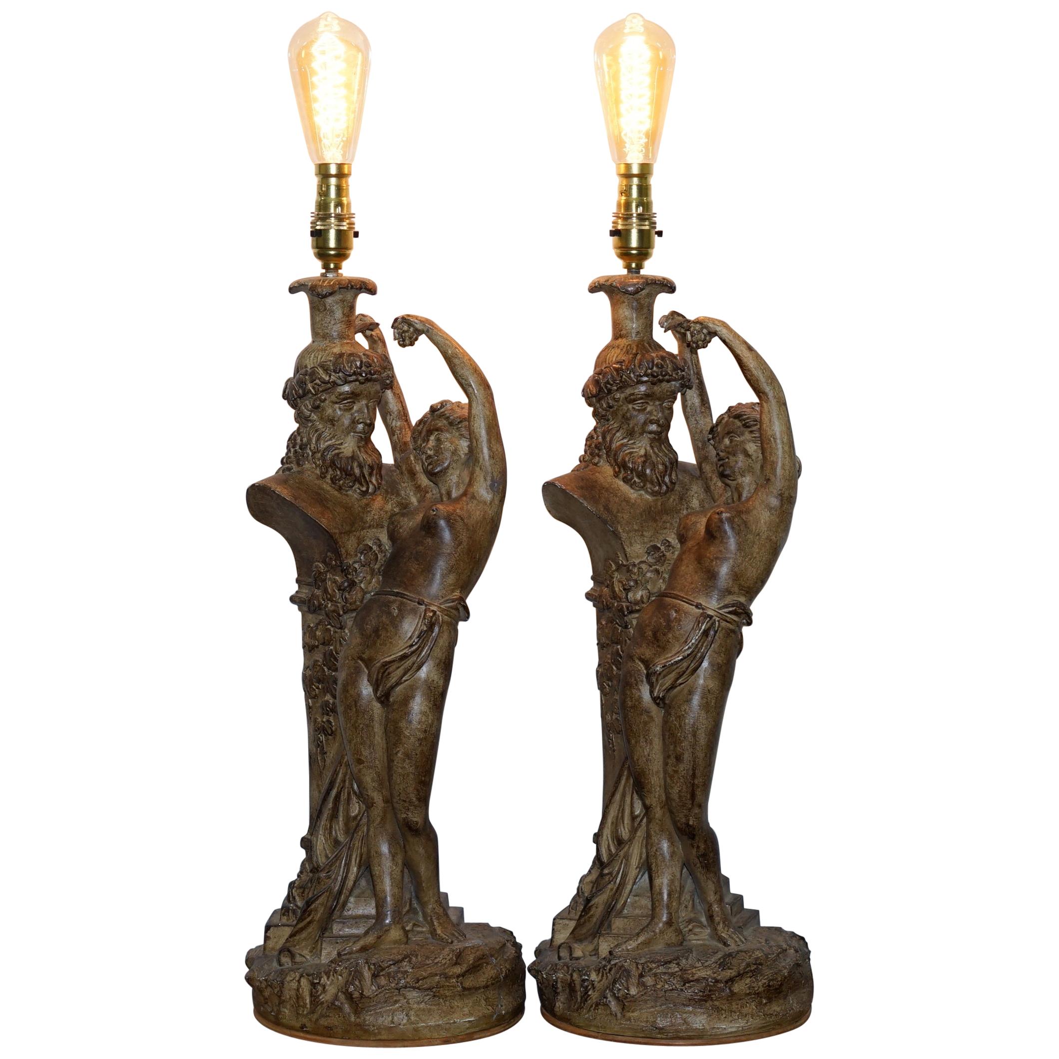 Pair of Vintage Style Maiden Seducing Zeus Statue Table Lamps Nicely Decorative
