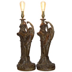 Pair of Vintage Style Maiden Seducing Zeus Statue Table Lamps Nicely Decorative