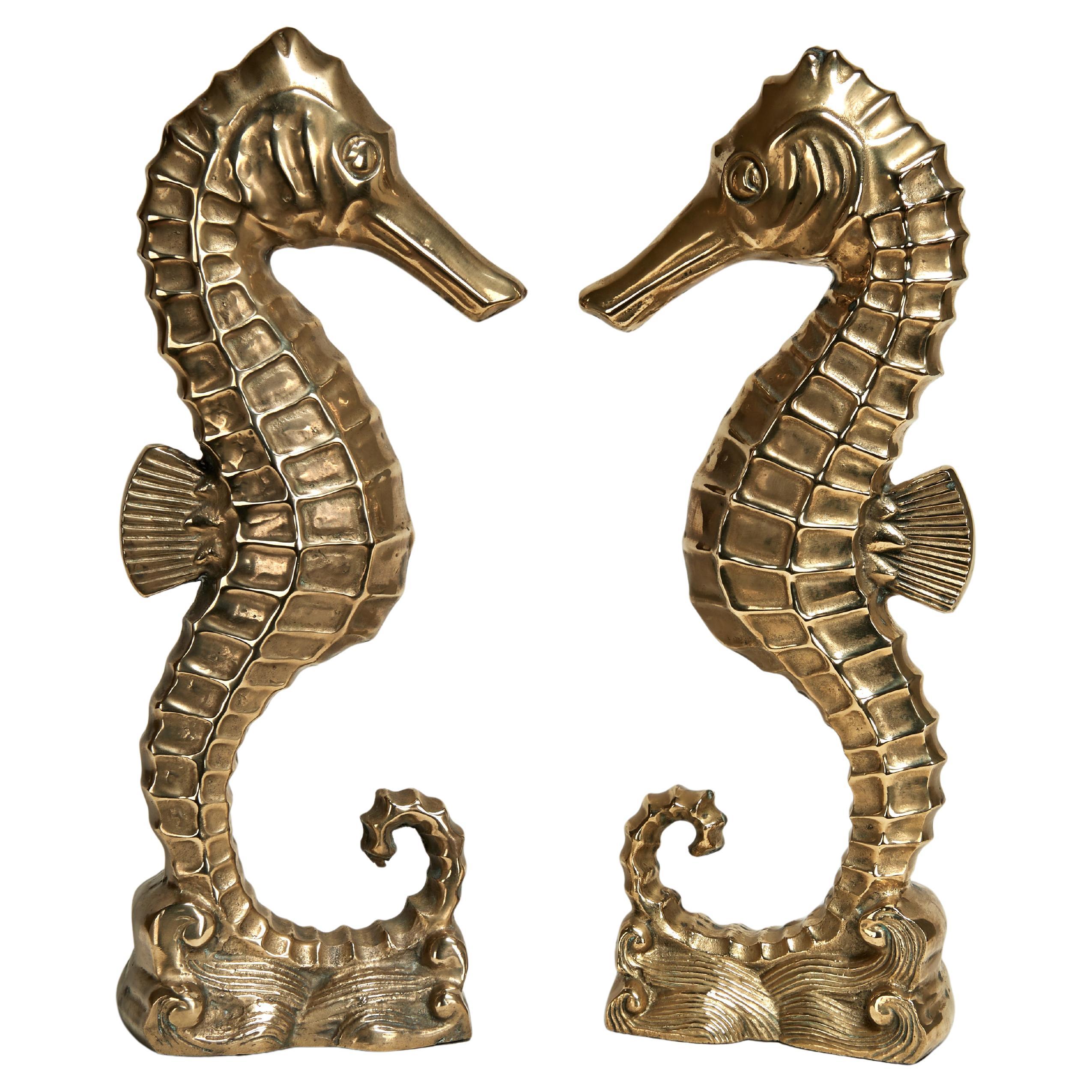 Pair of Vintage Stylized Brass Seahorse Sculptures