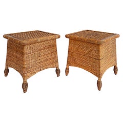 Pair of Vintage Stylized Woven Rattan and Reed Side Tables